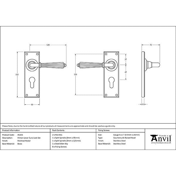 From The Anvil - Hinton Lever Euro Lock Set - Polished Nickel - 45325 - Choice Handles