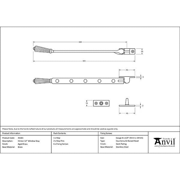 From The Anvil - 12" Hinton Stay - Aged Brass - 45361 - Choice Handles