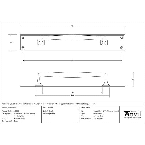 From The Anvil - 425mm Art Deco Pull Handle on Backplate - Polished Nickel - 45376 - Choice Handles