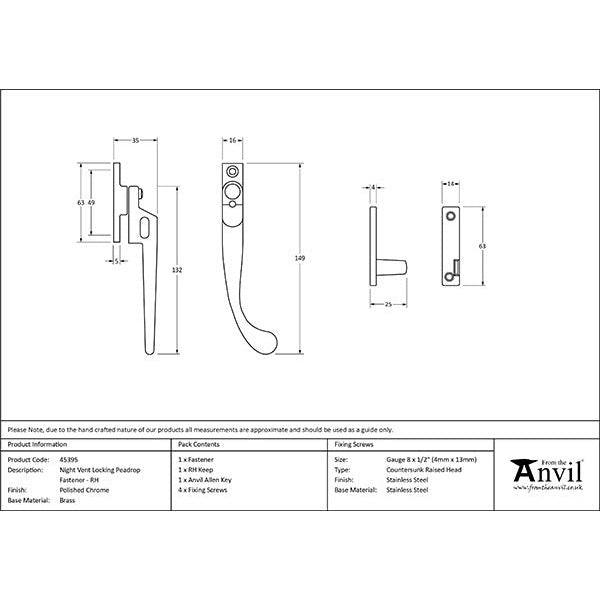 From The Anvil - Night-Vent Locking Peardrop Fastener - RH - Polished Chrome - 45395 - Choice Handles