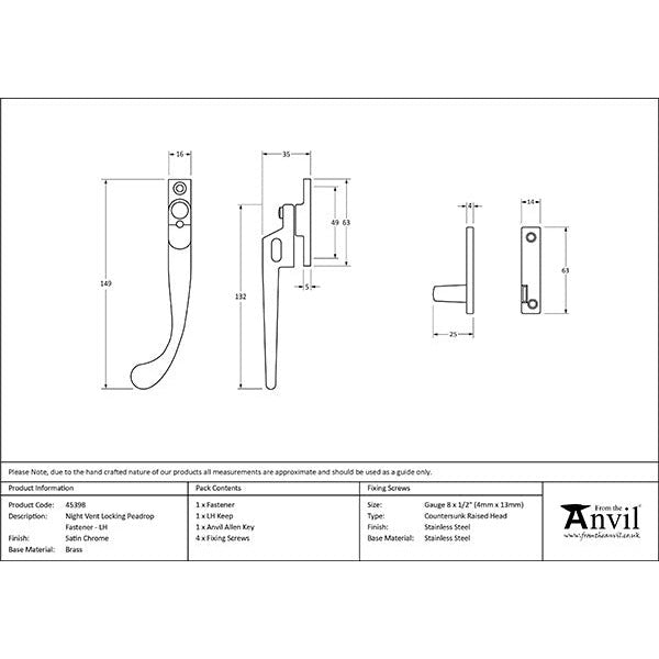 From The Anvil - Night-Vent Locking Peardrop Fastener - LH - Satin Chrome - 45398 - Choice Handles