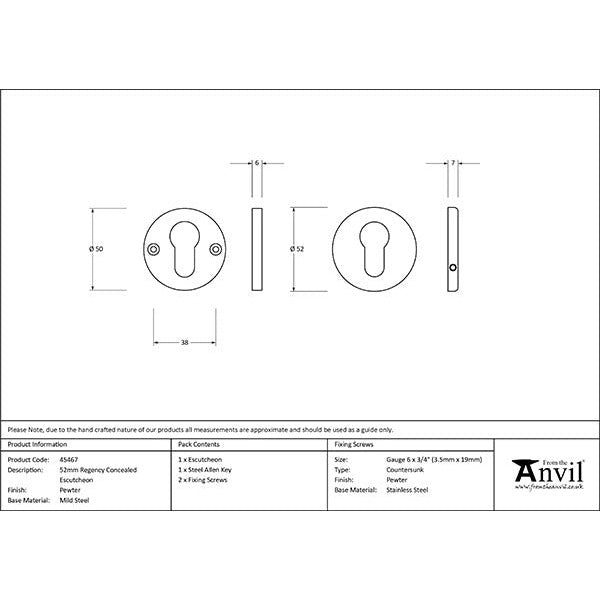 From The Anvil - 52mm Regency Concealed Escutcheon - Pewter Patina - 45467 - Choice Handles