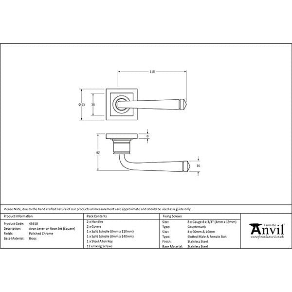 From The Anvil  - Avon Round Lever on Rose Set (Square) - Polished Chrome - 45618 - Choice Handles