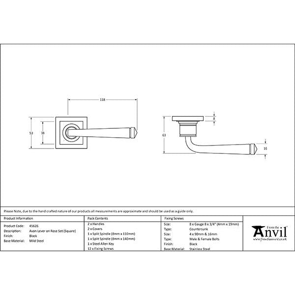 From The Anvil  - Avon Round Lever on Rose Set (Square) - Black - 45626 - Choice Handles