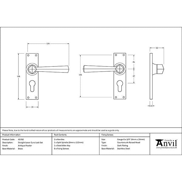 From The Anvil - Straight Lever Euro Lock Set - Antique Pewter - 45760 - Choice Handles