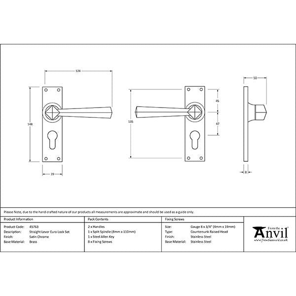 From The Anvil - Straight Lever Euro Lock Set - Satin Chrome - 45763 - Choice Handles