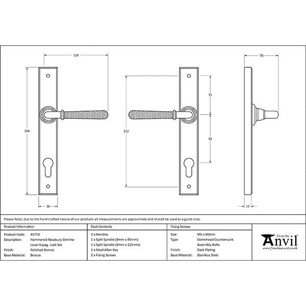 From The Anvil - Hammered Newbury Slimline Espag. Lock Set - Polished Bronze - 45774 - Choice Handles