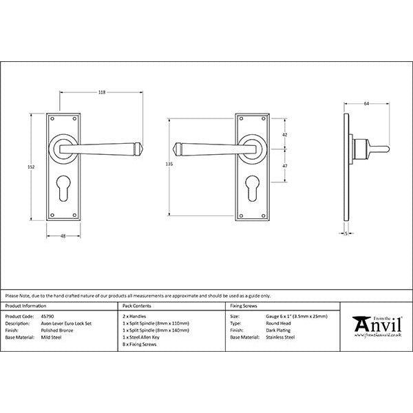 From The Anvil - Avon Lever Euro Lock Set - Polished Bronze - 45790 - Choice Handles