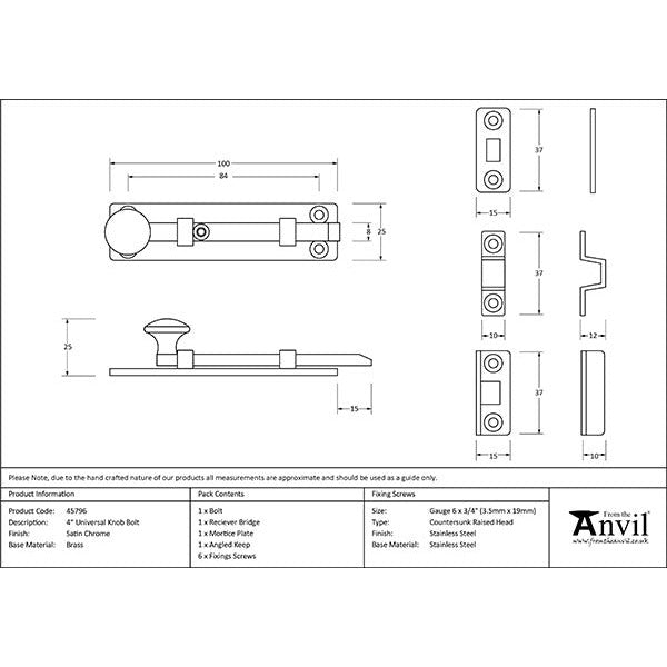 From The Anvil - 4" Universal Bolt - Satin Chrome - 45796 - Choice Handles