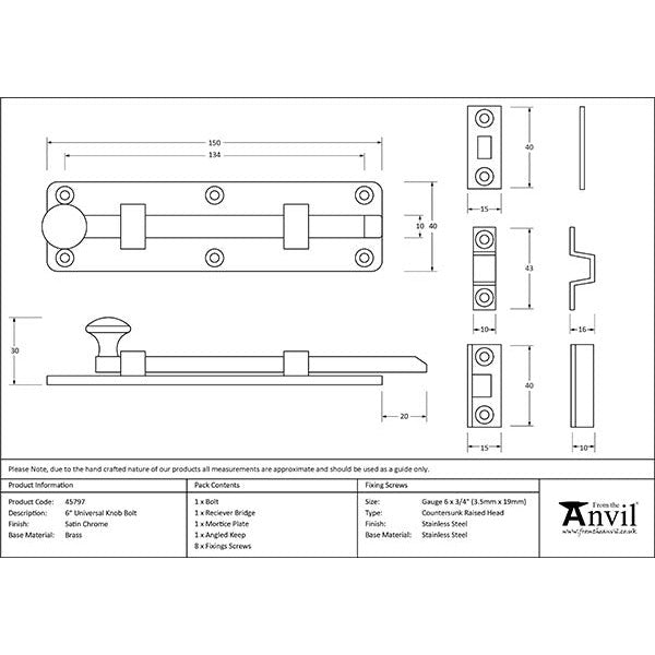 From The Anvil - 6" Universal Bolt - Satin Chrome - 45797 - Choice Handles