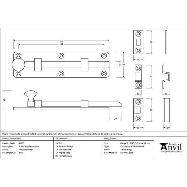 From The Anvil - 6" Universal Bolt - Antique Pewter - 45799 - Choice Handles