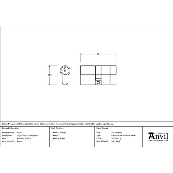 From The Anvil - 30/30 5pin Euro Cylinder - Polished Bronze - 45801 - Choice Handles