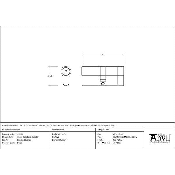 From The Anvil - 35/35 5pin Euro Cylinder - Polished Bronze - 45805 - Choice Handles