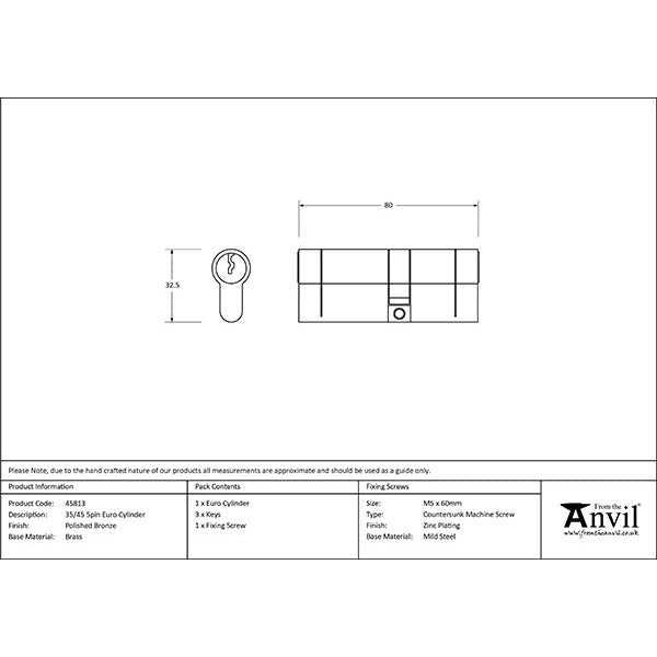 From The Anvil - 35/45 5pin Euro Cylinder - Polished Bronze - 45813 - Choice Handles