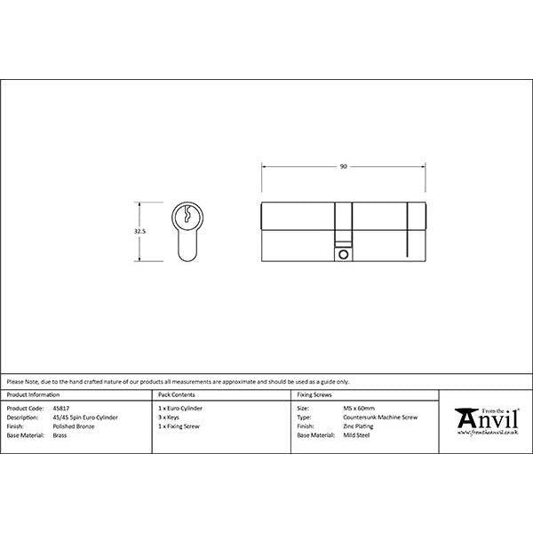 From The Anvil - 45/45 5pin Euro Cylinder - Polished Bronze - 45817 - Choice Handles