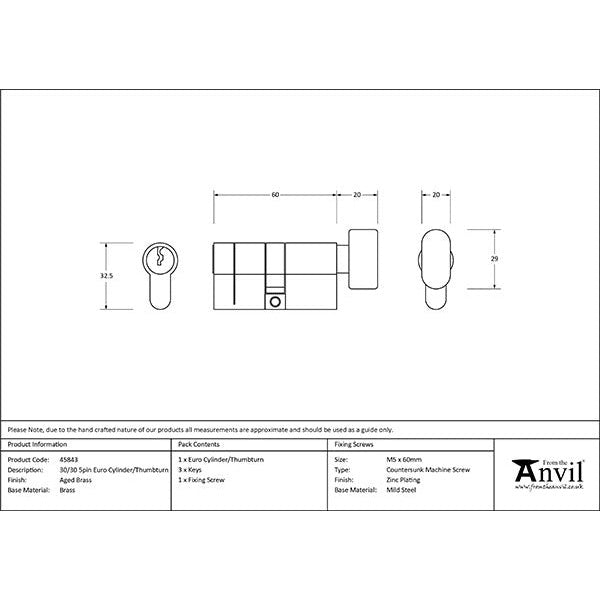 From The Anvil - 30/30 5pin Euro Cylinder/Thumbturn - Aged Brass - 45843 - Choice Handles