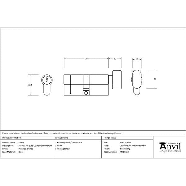 From The Anvil - 35/35 5pin Euro Cylinder/Thumbturn - Polished Bronze - 45845 - Choice Handles