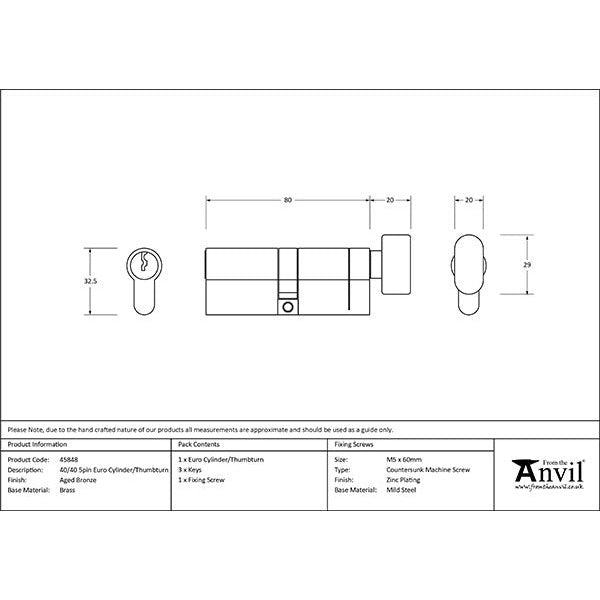 From The Anvil - 40/40 5pin Euro Cylinder/Thumbturn - Aged Bronze - 45848 - Choice Handles