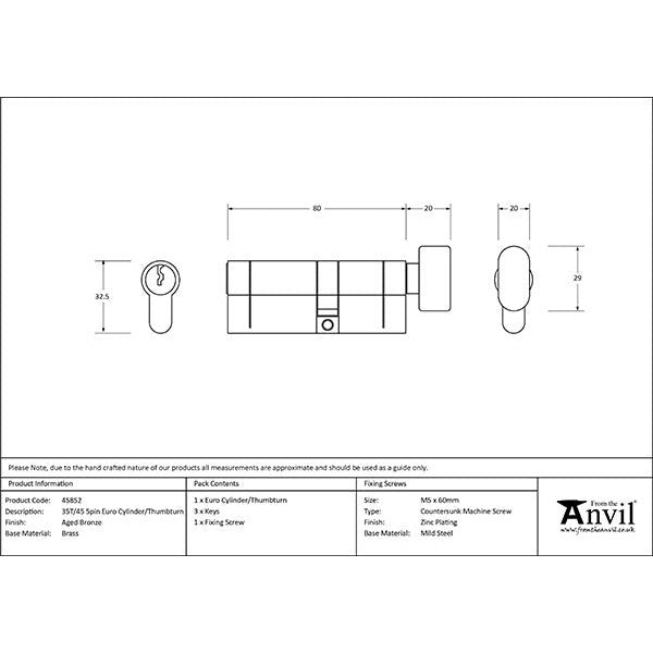 From The Anvil - 35T/45 5pin Euro Cylinder/Thumbturn - Aged Bronze - 45852 - Choice Handles