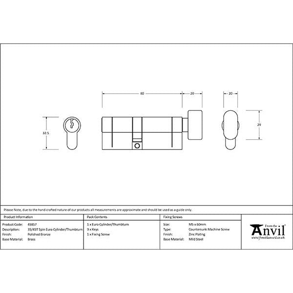 From The Anvil - 35/45T 5pin Euro Cylinder/Thumbturn - Polished Bronze - 45857 - Choice Handles