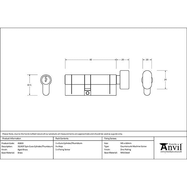 From The Anvil - 35/45T 5pin Euro Cylinder/Thumbturn - Aged Brass - 45859 - Choice Handles