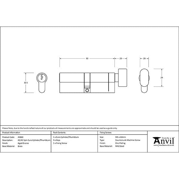 From The Anvil - 45/45 5pin Euro Cylinder/Thumbturn - Aged Bronze - 45860 - Choice Handles