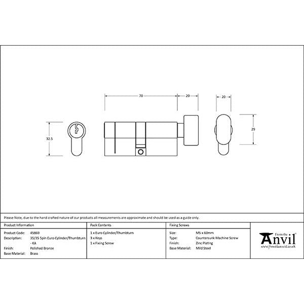 From The Anvil - 35/35 5pin Euro Cylinder/Thumbturn KA - Polished Bronze - 45869 - Choice Handles