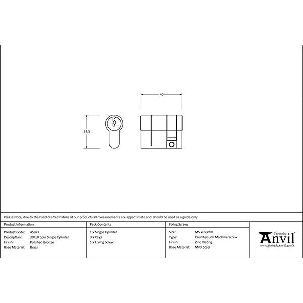 From The Anvil - 30/10 5pin Single Cylinder - Polished Bronze - 45877 - Choice Handles