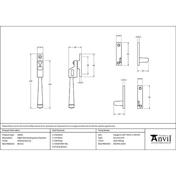 From The Anvil - Night-Vent Locking Avon Fastener - Polished Bronze - 45925 - Choice Handles