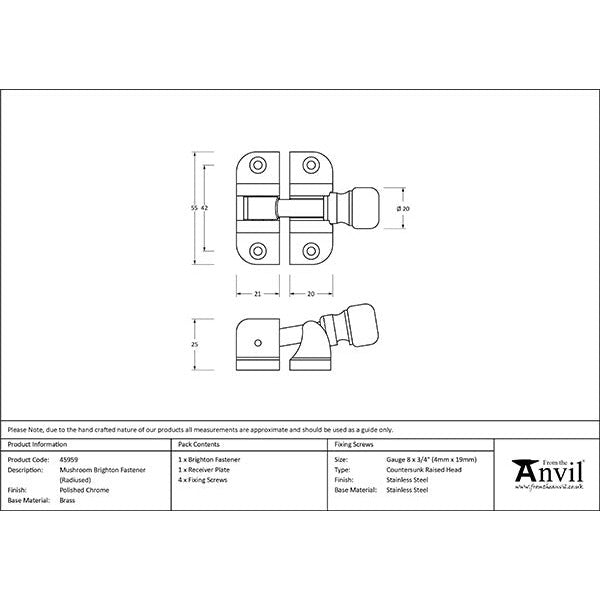 From The Anvil - Mushroom Brighton Fastener (Radiused) - Polished Chrome - 45959 - Choice Handles