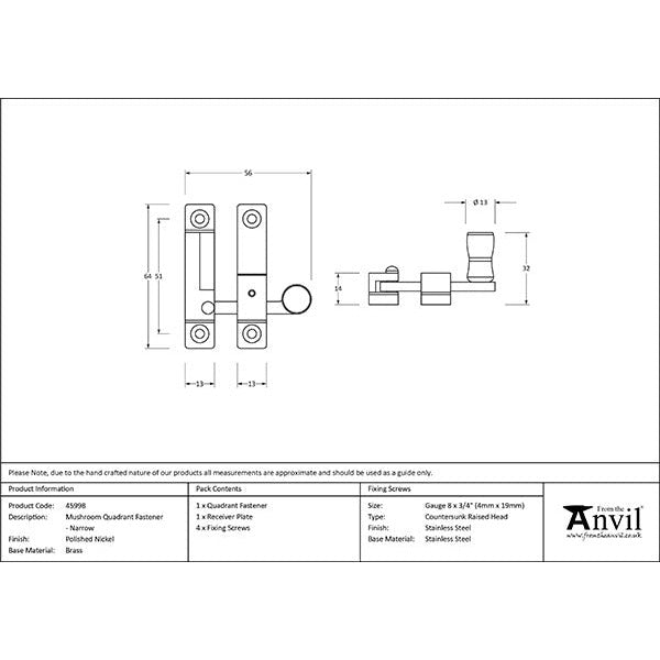 From The Anvil - Mushroom Quadrant Fastener - Narrow - Polished Nickel - 45998 - Choice Handles