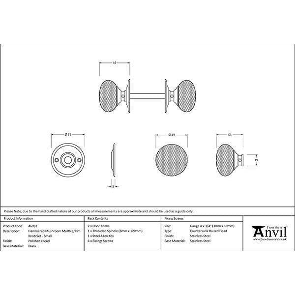 From The Anvil - Hammered Mushroom Mortice/Rim Knob Set - Polished Nickel - 46032 - Choice Handles