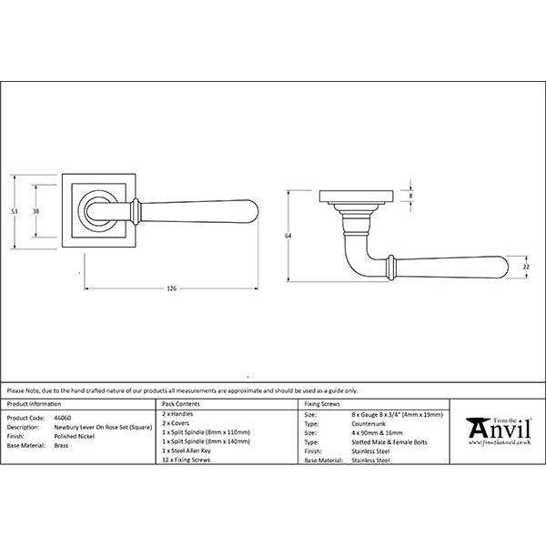 From The Anvil  - Newbury Lever on Rose Set (Square) - Polished Nickel - 46060 - Choice Handles