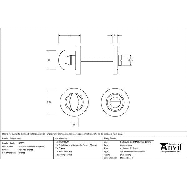 From The Anvil - Round Thumbturn Set (Plain) - Polished Bronze - 46109 - Choice Handles