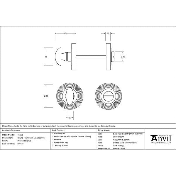 From The Anvil - Round Thumbturn Set (Beehive) - Polished Bronze - 46111 - Choice Handles