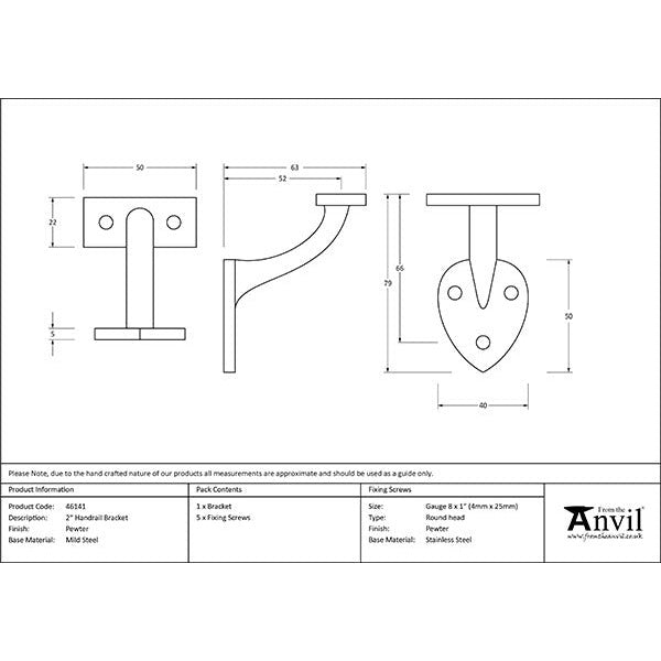 From The Anvil - 2" Handrail Bracket - Pewter Patina - 46141 - Choice Handles