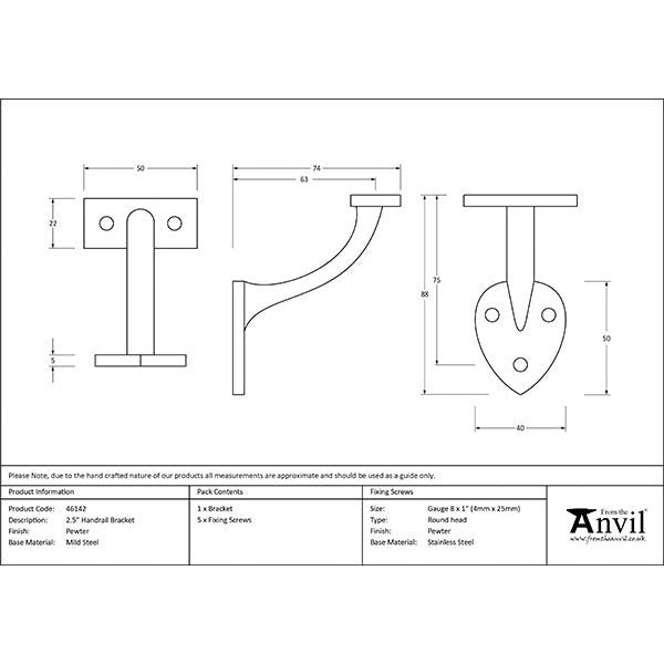 From The Anvil - 2.5" Handrail Bracket - Pewter Patina - 46142 - Choice Handles