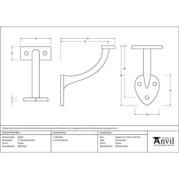 From The Anvil - 3" Handrail Bracket - Pewter Patina - 46143 - Choice Handles