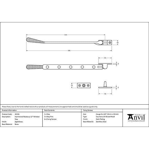 From The Anvil - 12" Hammered Newbury Stay - Aged Brass - 46146 - Choice Handles