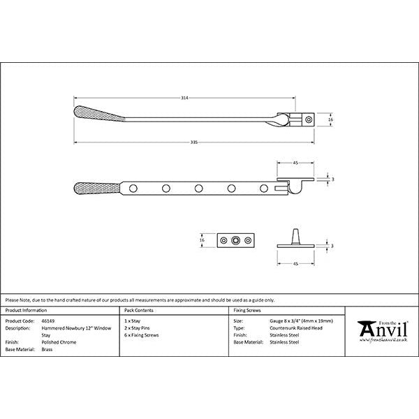 From The Anvil - 12" Hammered Newbury Stay - Polished Chrome - 46149 - Choice Handles