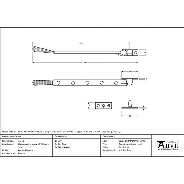 From The Anvil - 12" Hammered Newbury Stay - Polished Bronze - 46158 - Choice Handles