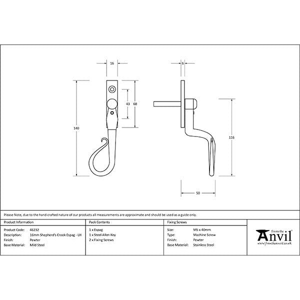 From The Anvil - 16mm Shepherd's Crook Espag - LH - Pewter Patina - 46232 - Choice Handles