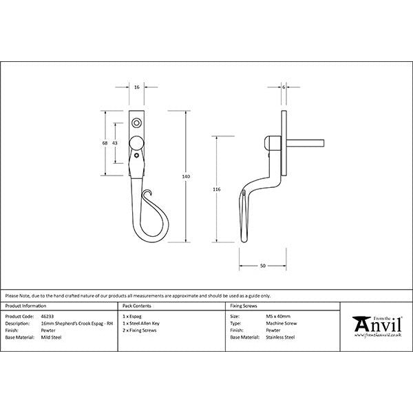 From The Anvil - 16mm Shepherd's Crook Espag - RH - Pewter Patina - 46233 - Choice Handles