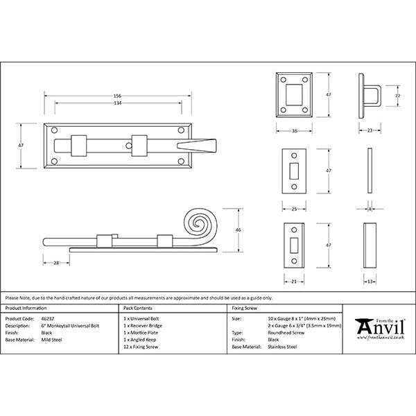 From The Anvil - 6" Monkeytail Universal Bolt - Black - 46237 - Choice Handles