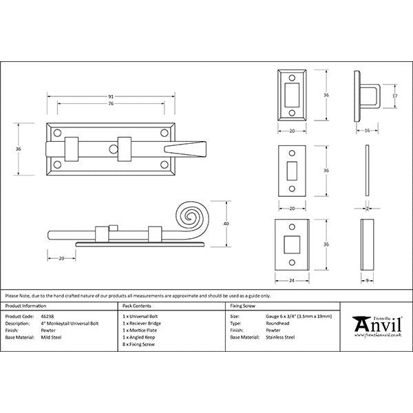 From The Anvil - 4" Monkeytail Universal Bolt - Pewter Patina - 46238 - Choice Handles