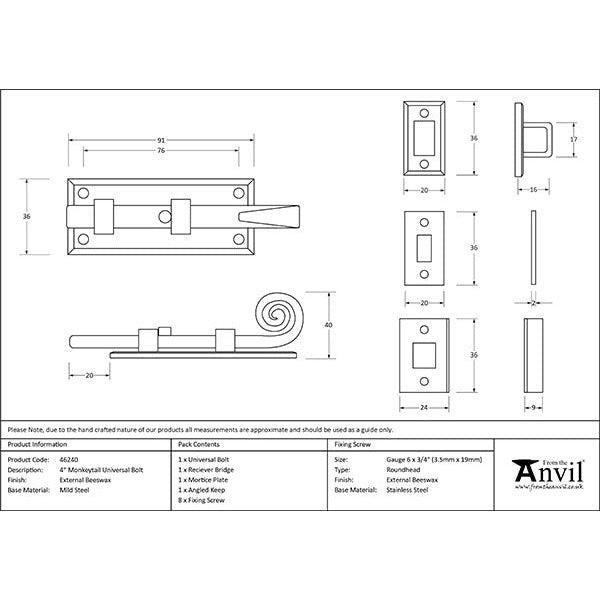 From The Anvil - 4" Monkeytail Universal Bolt - External Beeswax - 46240 - Choice Handles