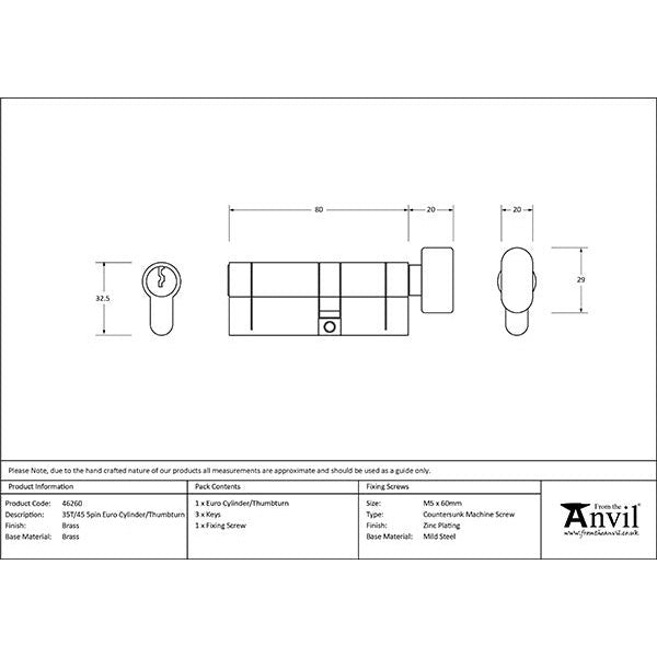 From The Anvil - 35T/45 5pin Euro Cylinder/Thumbturn - Lacquered Brass - 46260 - Choice Handles