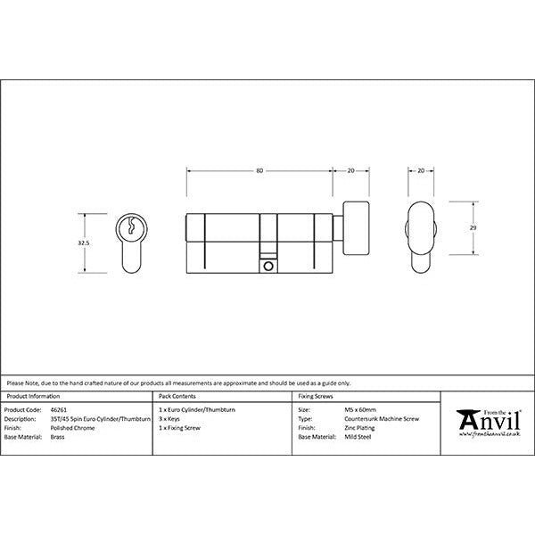 From The Anvil - 35T/45 5pin Euro Cylinder/Thumbturn - Polished Chrome - 46261 - Choice Handles