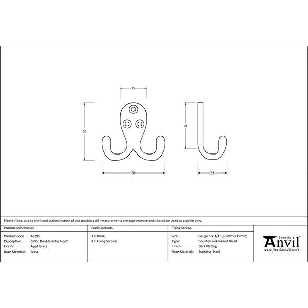 From The Anvil - Celtic Double Robe Hook - Aged Brass - 46296 - Choice Handles