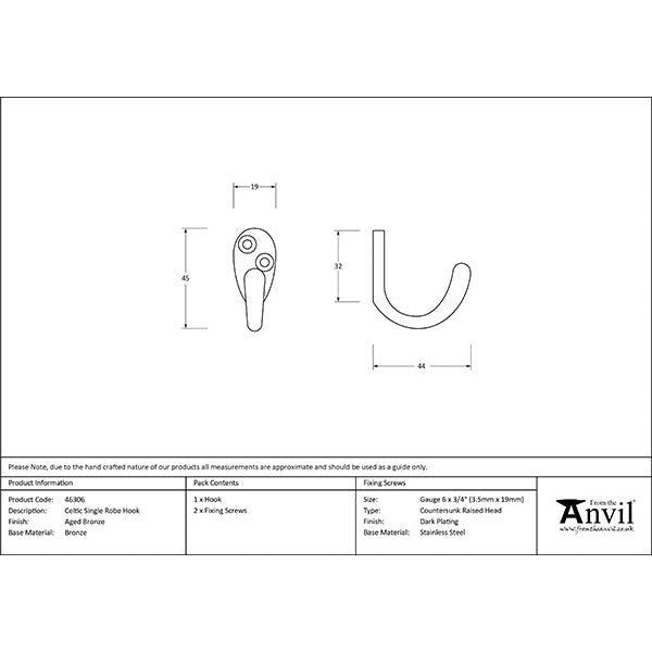 From The Anvil - Celtic Single Robe Hook - Aged Bronze - 46306 - Choice Handles